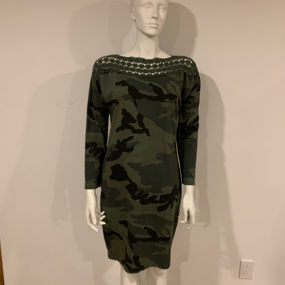 ComfyCamo pattern dress. Crochet neckline.